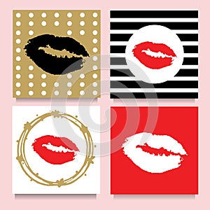 Vector set of cards with lipstic kisses in frames, stripes, dots. Red, Golden,Black, White.