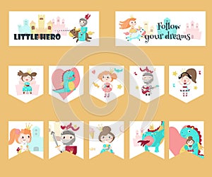 Vector set of cards with medieval knight, princess, dragon and quotes