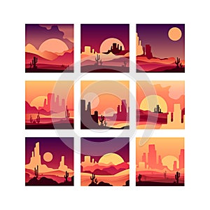 Vector set of cards with sandy desert landscapes with cactus plants, rocky mountains and sunsets sunrises. Design in