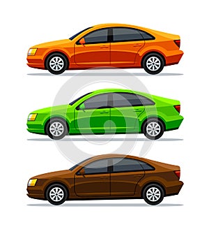 Vector set of cars Isolated on white background. Side view. Sedan. The green electric car, orange and brown auto, and