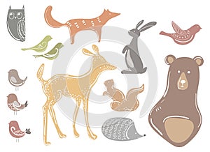 Vector set of cartoon animals and birds. Stylized forest dwellers. Collection of wild animals. Illustration for children