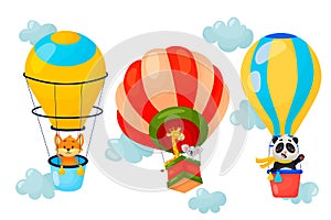 Vector set of cartoon animals flying on air balloons. Cute character design of balloons in the clouds.