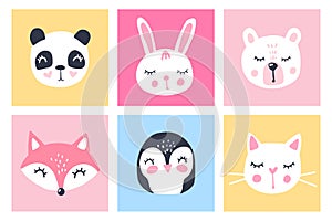 Vector set with cartoon animals - panda, bunny, teddy bear, cat, fox, penguin. Funny series animals. Adorable cute