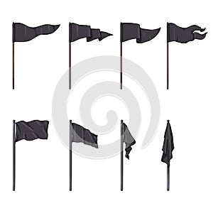 Vector Set of Cartoon Black Flags on Wooden and Steel Flagpoles