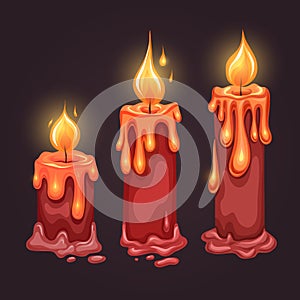 Vector set of cartoon candles with lights. Collection of cliparts of wax candles on a dark background for mobile games