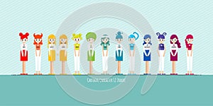 Vector set of cartoon character zodiac girls. Zodiac signs collection on blue background vector