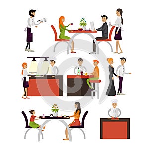 Vector set of cartoon characters on white background. People in restaurant design elements and icons in flat