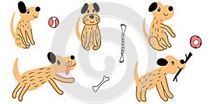 Vector set of cartoon cute dog illustration on white background. Puppy everyday activities set. Hand drawn.