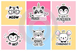 Vector set with cartoon doodle animals - panda, cat, cat, monkey, owl, mouse, penguin. Funny quotes. Bright cards