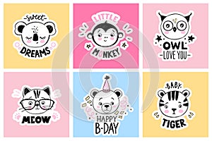 Vector set with cartoon doodle animals - sleeping koala, cute owl, cat with glasses, little monkey, baby tiger, teddy