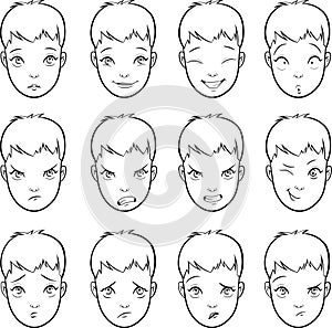 Vector set of cartoon faces with various moods emotions and expressions photo