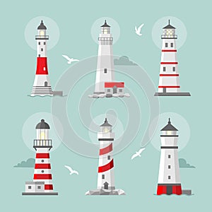 Vector set of cartoon flat lighthouses