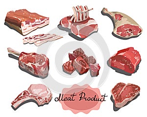 Vector set of cartoon food. Collection of stylized raw meat. Sliced assortment of fresh meat. Pork steaks and tenderloin