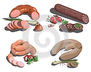 Vector set of cartoon food. Stylized raw meat. Sliced assortment of fresh meat. Pork steaks and tenderloin. Isolated