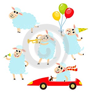 Vector set of cartoon funny sheep isolated on white background.