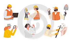 Vector set of cartoon geologist compositions with people and technical equipment for excavation, research, measurement