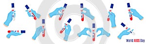 Vector set of cartoon illustration with doctors hands in blue gloves holding blood test tubes. World AIDS and HIV Day