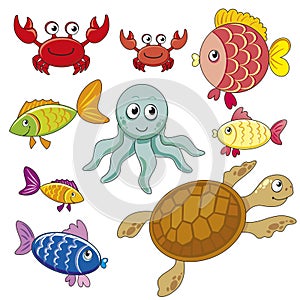 vector set of cartoon illustration of the underwater world with crabs, different cind of fishes, octopus, turtle