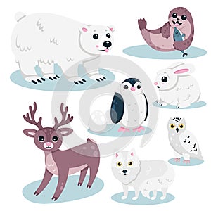 Vector set cartoon isolated cute baby animal characters with funny polar bear, happy walrus with fish and penguin, white