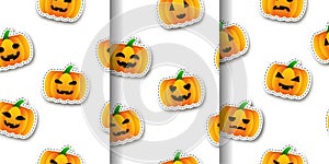 Vector set of cartoon isolated seamless pattern with pumpkin stickers. Concept of Happy Halloween.