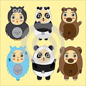 Vector set of cartoon kids in animal costumes. Cartoon icons