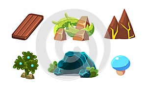 Vector set of cartoon landscape elements for mobile video game. Fantastic plants, cave, wooden board, stones