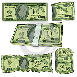 Vector Set of Cartoon Money: Banknotes, Bankroll and Bundle
