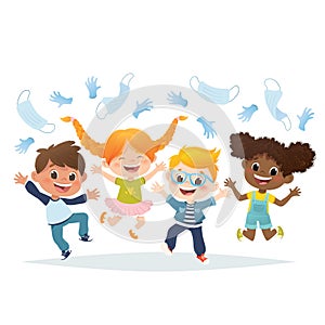 Vector set of cartoon multiracial kids jumping and laughing. Stop covid epidemy photo