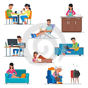 Vector set of cartoon people characters in flat style design. Couple in cafe, woman cooking at the kitchen, guy working
