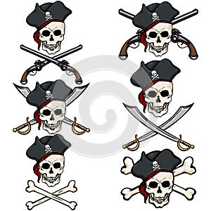 Vector Set of Cartoon Pirate Skulls in Tricorn