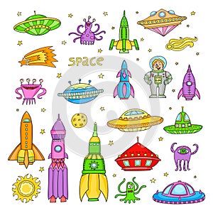 Vector set with cartoon space objects- ufo rockets, astronaut