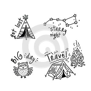 Vector set of cartoon sticker for camping in outline