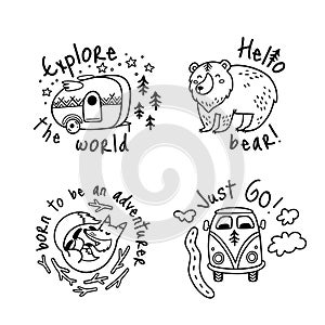 Vector set of cartoon sticker for camping in outline