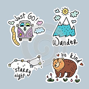 Vector set of cartoon stickers, patches or pins for camping