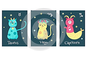 Vector set of cat astrology zodiac sign cards