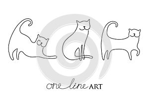 Vector set with cat silhouette in black isolated on white background. Cats in minimalism or one line art style.