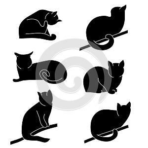 Vector set of cat silhouettes. Different postures: sitting, lying, resting, playing, hunting.