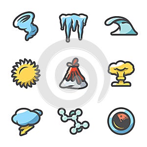 Vector Set of Cataclysm Icons. Tornado, Frost, Tsunami, Drought, Eruption, War, Weather, Virus, Earthquake.
