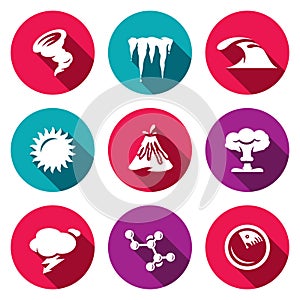 Vector Set of Cataclysm Icons. Tornado, Frost, Tsunami, Drought, Eruption, War, Weather, Virus, Earthquake.