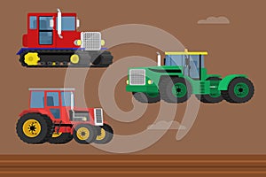 Vector set of caterpillar tractor and wheeled farm tractors.