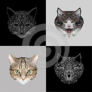 Vector set cats low poly design. Triangle cat icon illustration for tattoo, coloring, wallpaper and printing on t-shirts