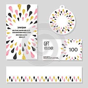 Vector set of celebration card, label templates design with bright drops.