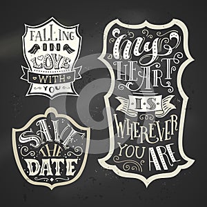 Vector set of chalk love badges on blackboard background.