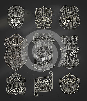 Vector set of chalk romantic labels on blackboard background.