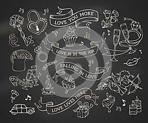 Vector set of chalk Valentine`s icons, signs and symbols.