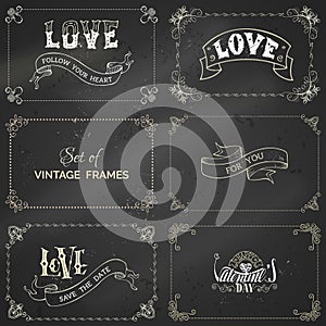 Vector set of chalk vintage frames on blackboard background.