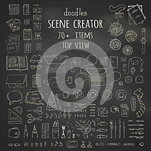 Vector set of chalk work place gadgets and stationery.