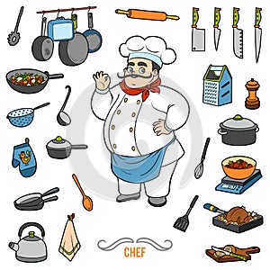 Vector set with chef and objects for cooking. Cartoon sticker se