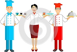Vector set of chef and waiters, girls and men. photo