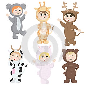 Vector set of children in animal costumes. Cute cartoon kids like bear, lama, koala, cow, girage, deer
